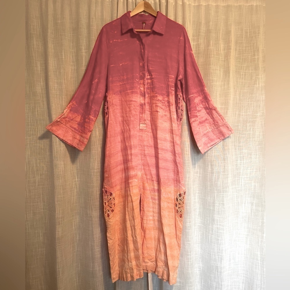 YFB Linen Pink Orange Ombré Tie Dye Kaftan Maxi Dress Size L